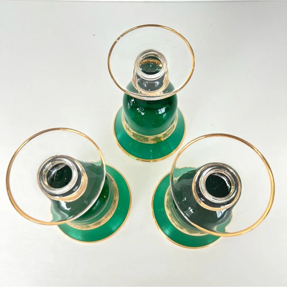 Vintage Goblet 3pc Set Emerald Green 24k Gold Plated Italian Style Wine Glass